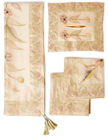 4-Piece Embroidered Runner With Placemat And Tissue Box Set Beige 100x50cm