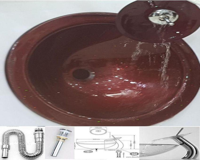 San George Design Glass Wash Basin With Waterfall Mixer + A Pop Up And Drain BBWMB 5007 Dark Red