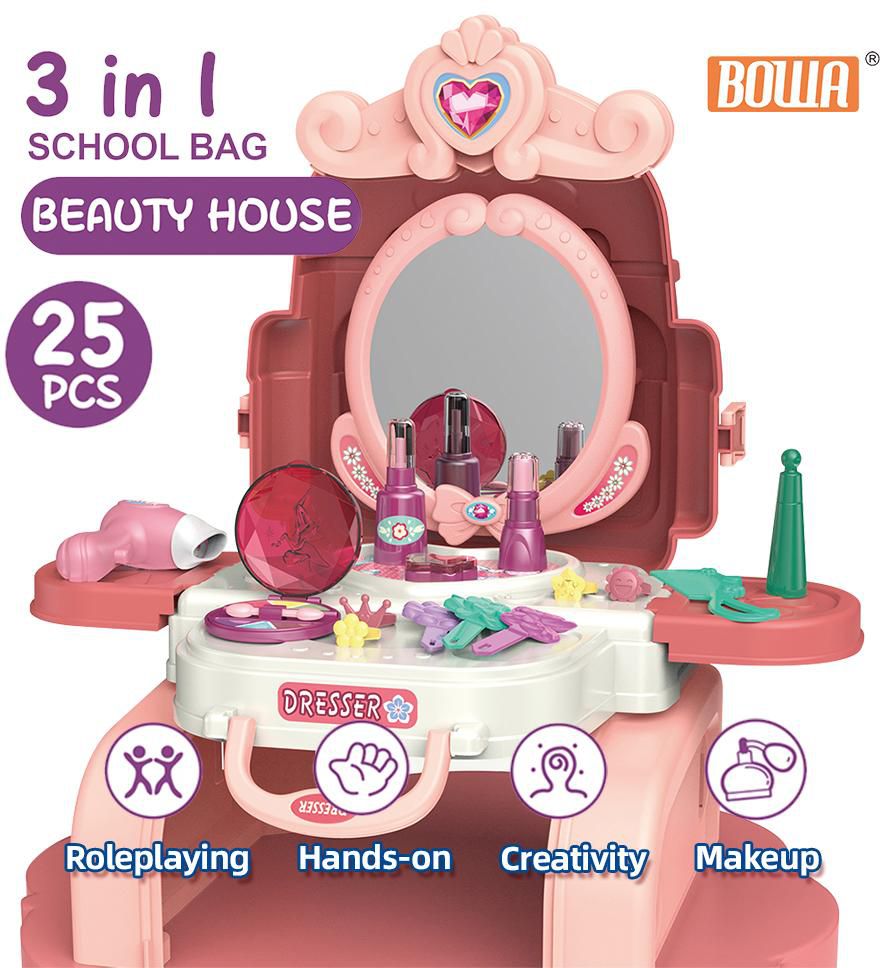 [3 IN 1] BOWA School Bag Beauty House Mirror Makeup Cosmetic into Mini Stall Set Blue Suitcase Pretend Play 8115P
