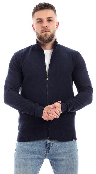 Izor Soft Ribbed Neck ZIpped Sweatshirt - Navy Blue