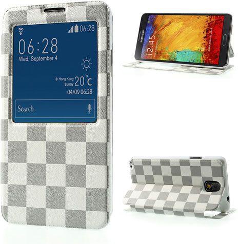 Checks Hollowed View Window Leather Stand Case for Samsung Galaxy Note 3 - White / Grey