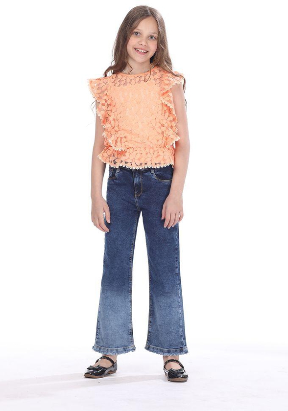 Ktk Orange Two-piece Lace Sleeveless T-shirt For Girls