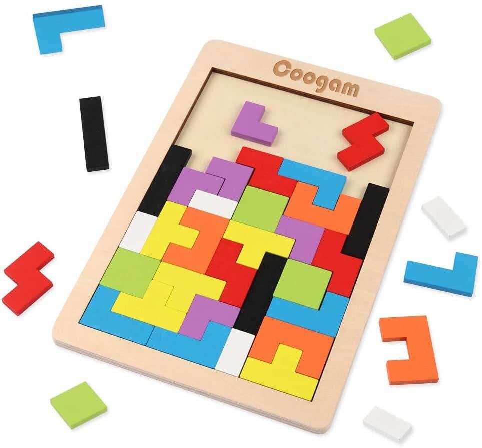 Coogam Wooden Tetris Puzzle Brain Teasers Toy Tangram Jigsaw Intelligence Colorful 3D Russian Blocks Game Stem Montessori Educational Gift For Baby Kids (40 Pcs)