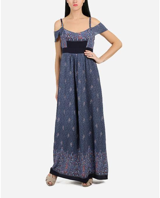M.Sou Printed Long Dress - Navy Blue