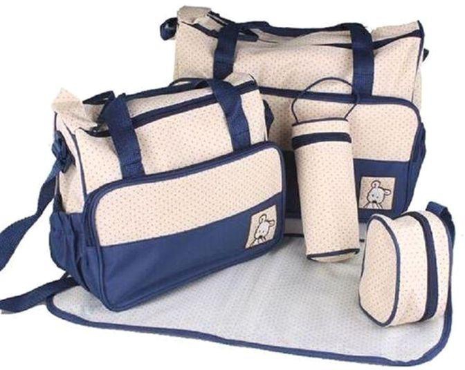 Baby Diaper Bag 5pc. Set, Baby Bottle Holder, Stroller bag, Travel bag - Beige & Blue