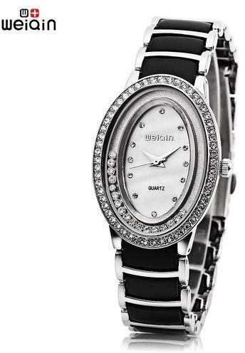 Weiqin WeiQin W4747 Women Quartz Watch Oval Flowing Artificial Diamond Dial Alloy Band Female Wristwatch - - WHITE AND BLACK
