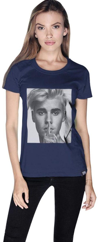 Creo Bieber Celebrity Hush Round Neck T-Shirt for Women - M, Navy Blue
