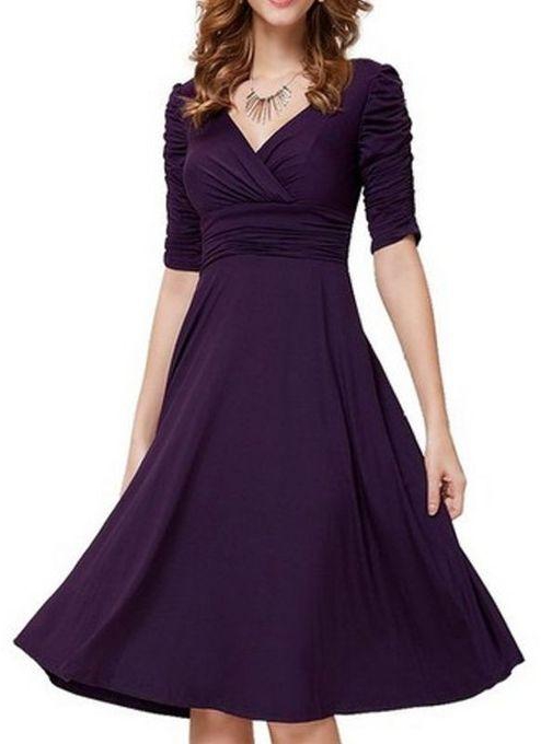 TANG V Collar Sexy Waist Fold Solid Five Sleeve A Words Summer Dress - Purple
