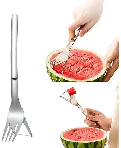 Watermelon Slicer Cutter, 2-in-1 Watermelon Fork Slicer Cutter, Stainless Steel Fruit Cutter for Home Party Camping Cool Summer Kitchen Gadgets (A)