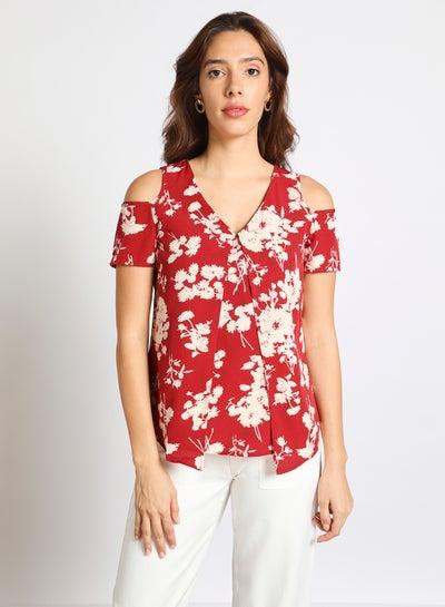 Women's Casual Cut Out V-Neck Short Sleeve Printed Top Red Combo