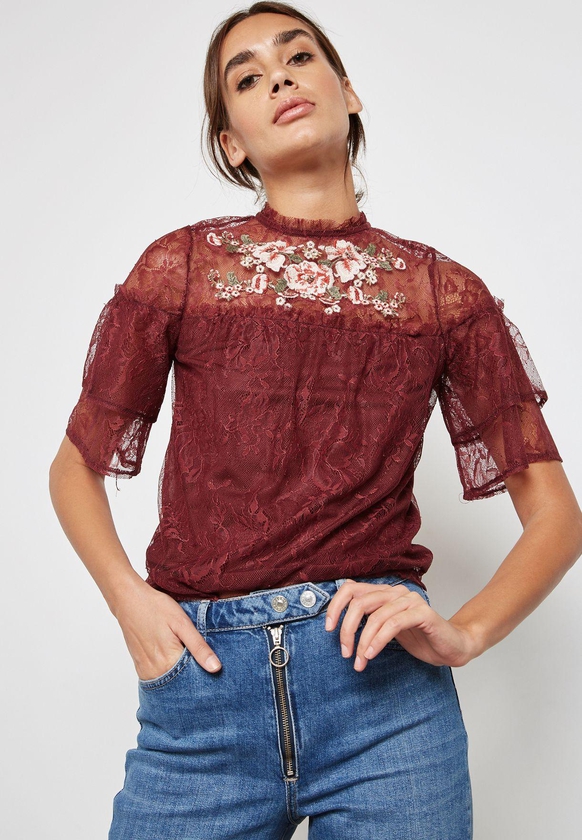 High Neck Mesh Embroidered Top