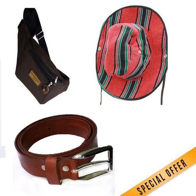 Beyond Glamour Africa Mens Brown Leather Belt/Sunhat/Waist Bag Combo