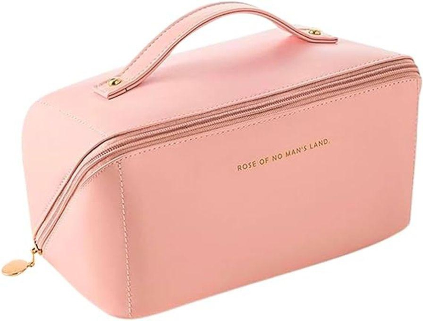 High Quality Leather Large Travel Cosmetic Bag- Pink
