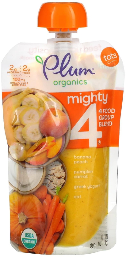 Plum Organics‏, Mighty 4، مزيج 4 مجموعات من الأطعمة، للأطفال، بالموز والخوخ واليقطين والجزر والزبادي اليوناني والشوفان، 4 أونصات (113 جم)
