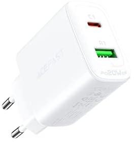 ACEFAST A25 - PD20W (USB-C+USB-A) Dual Port Fast Charger (20W - 3A - 5V), Support PD20W / PPS / QC3.0 / AFC/FCP Charging Protocols, Compatible with iPhone, Samsung, Xiaomi, Huawei - White