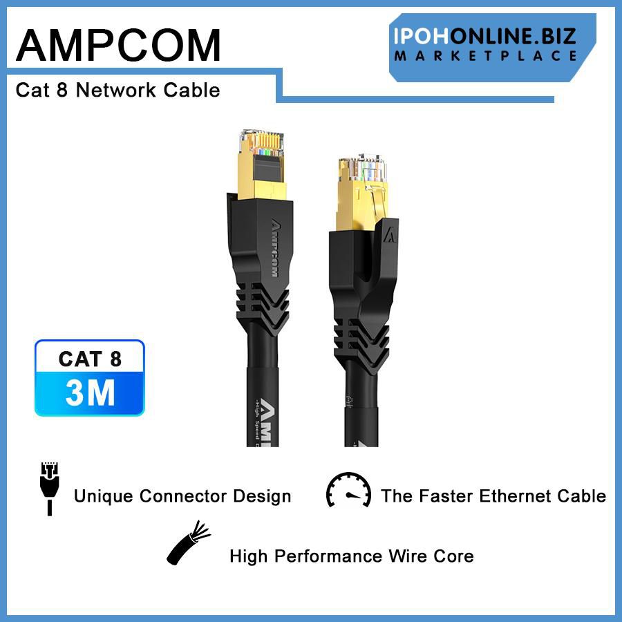 AMPCOM CAT8 Ethernet Cable 3M STP Slim Type - 2.5/5/10Gbps High Speed Network
