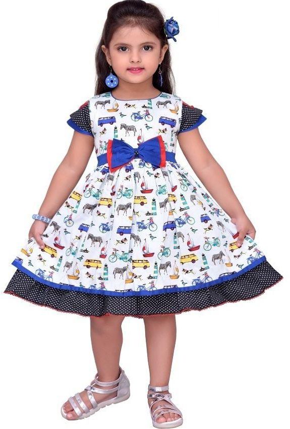 Ceemee Short-sleeves white cotton dress with prints & blue trimming