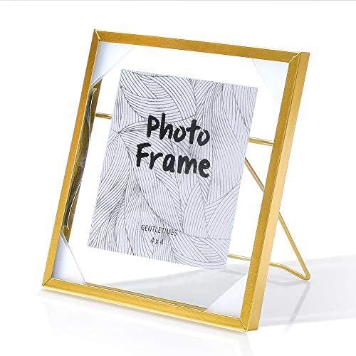 Soyicer Metal Floating Glass Picture Frames Geometric Design for Tabletop for Art/Family/Painting/Certificate/Friends Display (Gold, 4x4 Inch)