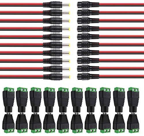 Aiqeer 10 Pairs 12V/24V 5.5 X 2.1 mm DC Power Male Female Connector, 10 Pair DC Power Pigtail Cable, for CCTV DVR Surveillance Video System