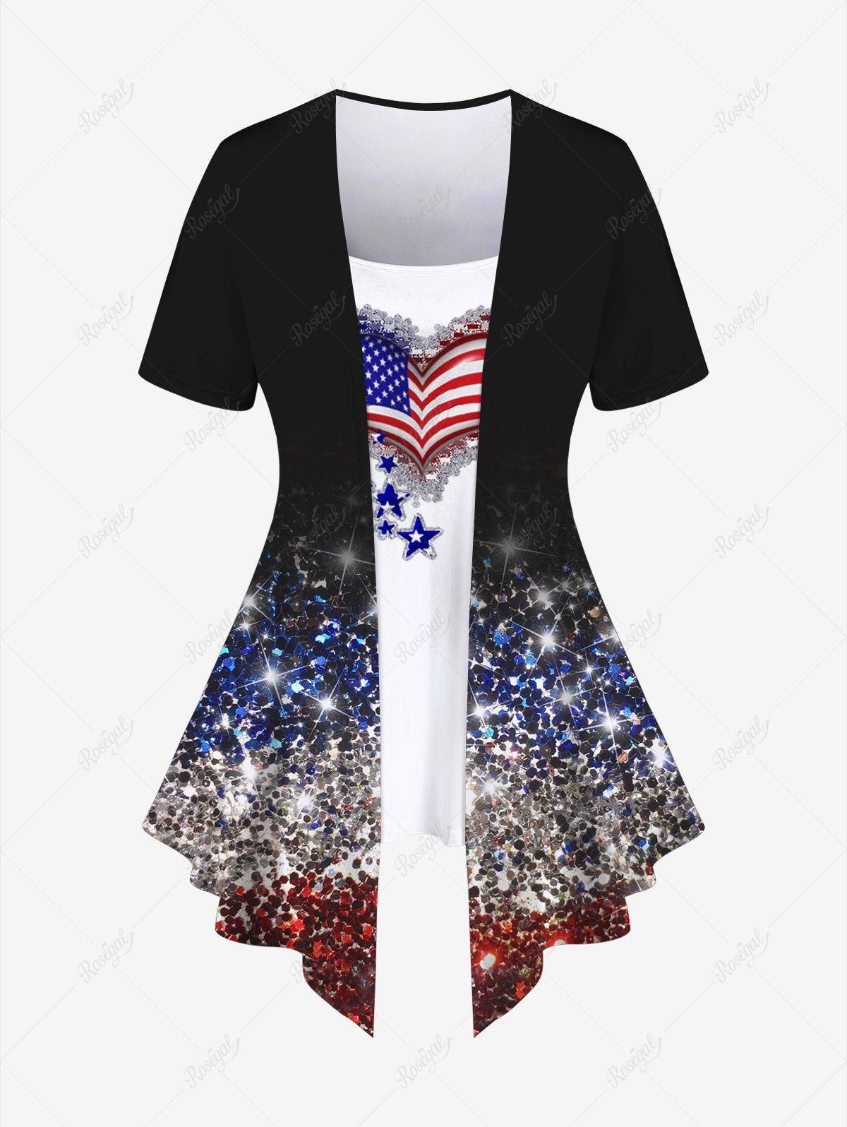 Plus Size 3D Sparkling Sequin American Flag Print Faux Two Piece T-Shirt - 5x | Us 30-32