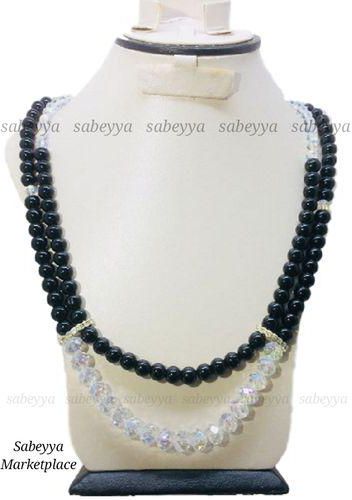 Black And Cristal Long Necklace With Black Chain