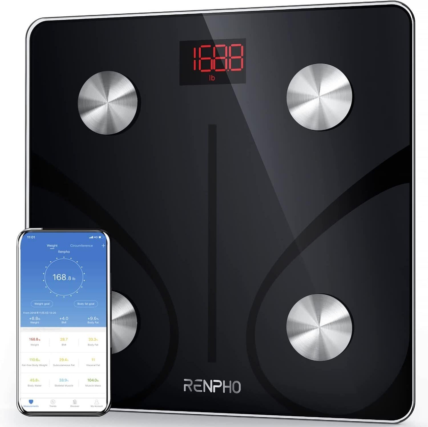 Renpho Smart Scale For Body Weight, Digital Bathroom Scale BMI Weighing Bluetooth Body Fat Scale, Body Composition Monitor Health Analyzer With Smartphone App, 400 Lbs, Black Elis 1