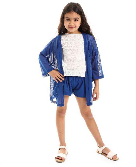 Kady Open Neckline Pique Pattern 3/4 Sleeves Cardigan With Front Pocket Girls Set - Royal Blue