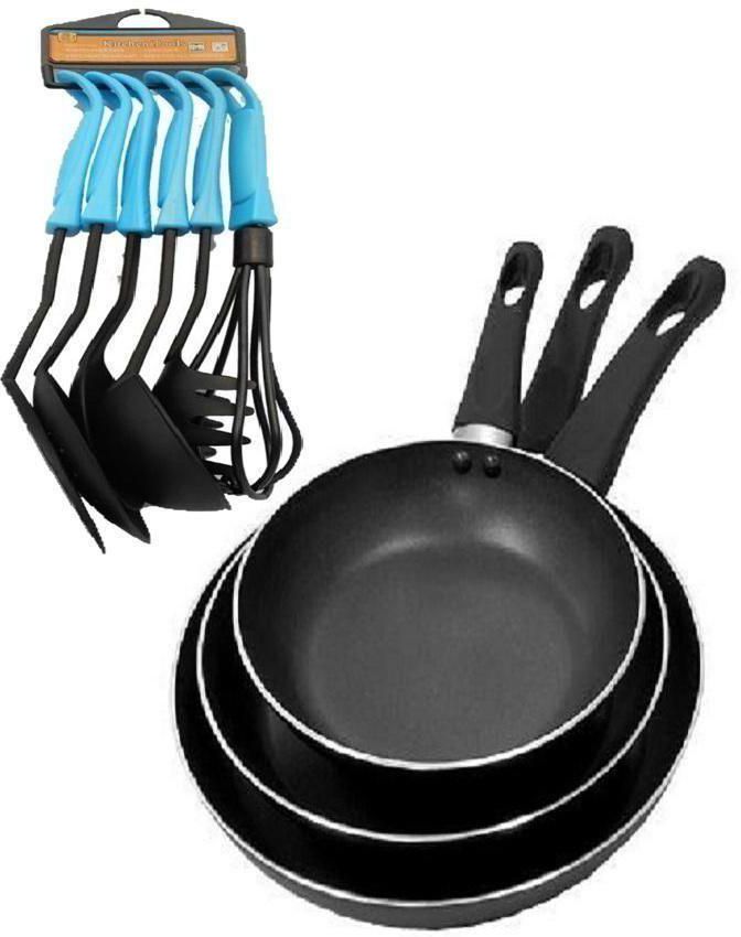 Set Of 3 Non-Stick Fry Pans With 6 Set Of Non-Stick Spoons