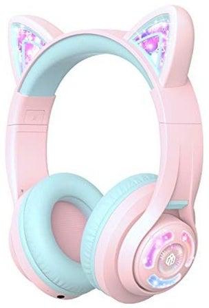 سماعة رأس بلوتوث لاسلكية بتصميم يغطي الأذن للأطفال أزرق وردي