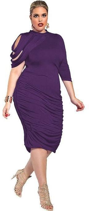 Generic Slimming Elegant Big Size Sexy Women Dress For Ladies Pure Color Irregular Short Sleeves Formal Dress -purple