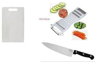 Generic Chopping Board + 8 Inches Kitchen Knife + FREE Peeler Silver