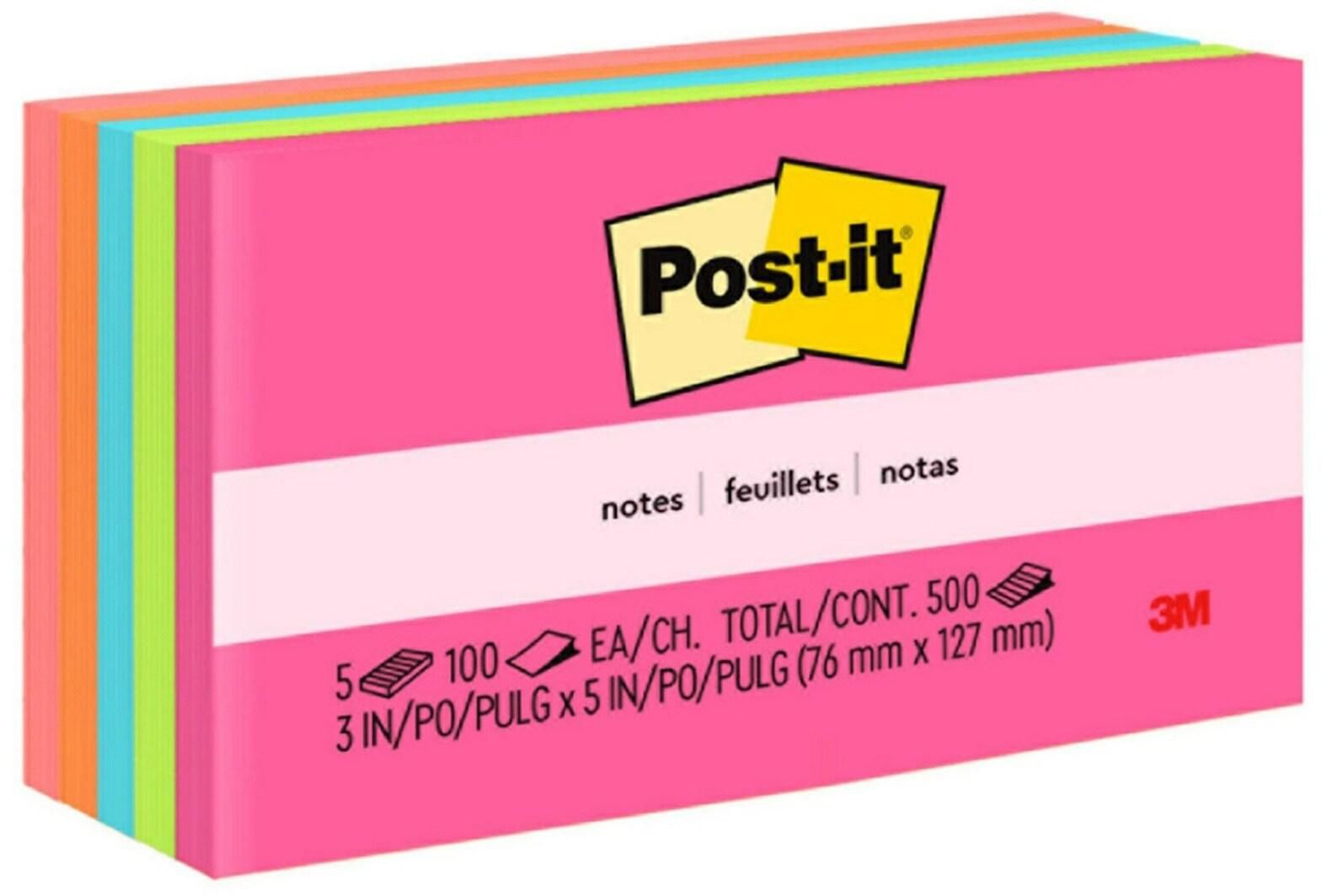 Post-it Notes Neon Colors 655-5PK. 3 x 5 in (76 mm x 127 mm), 100 sheets/pad, 5 pads/pack