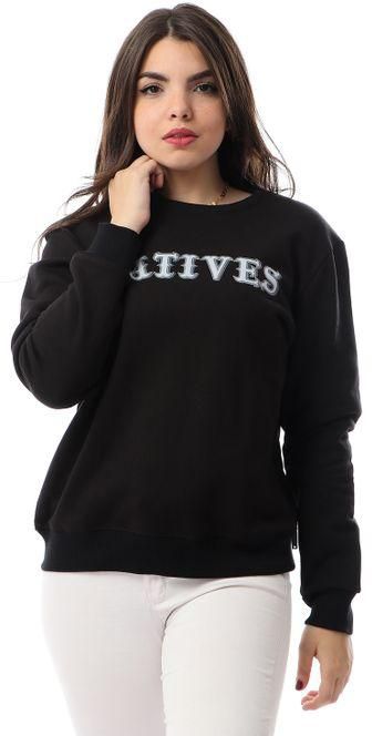 Cosy Round Neck Printed Sweatshirt - Black