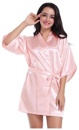 Solid Colour Satin Kimono Robe Sleepwear Dress Pink