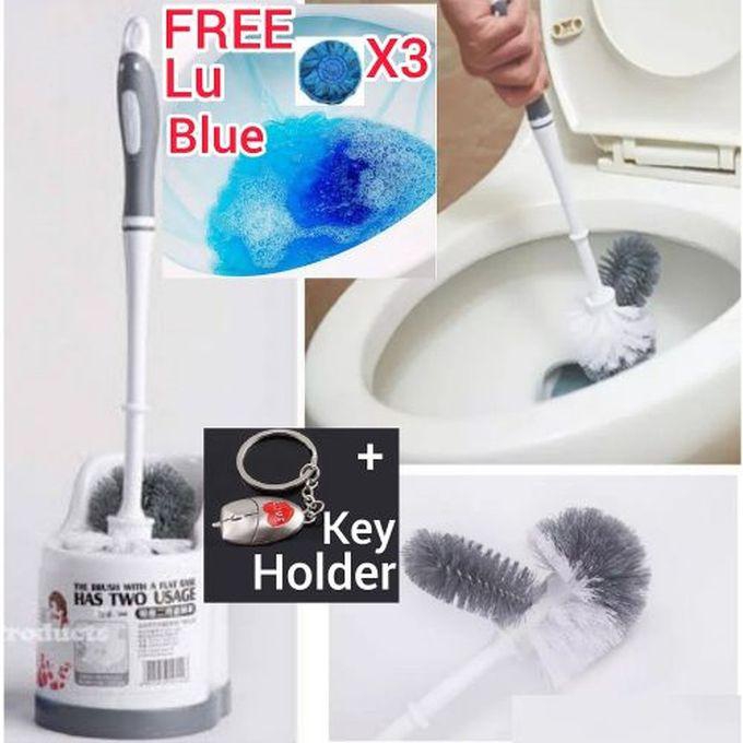 2 In 1 Two Way Double Sided Usage Rotating Toilet Bowl Brush Water Cistern Brush With HOlder + Free Lu Blue + Key Holder