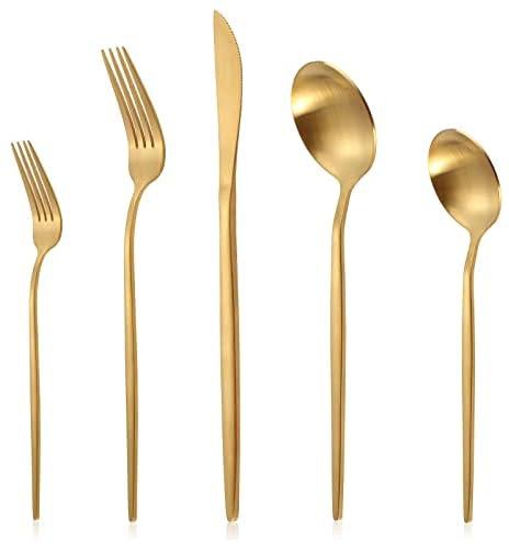 LAZAHOME Matte Gold Silverware Set, Stainless Steel Flatware Cutlery Set Service for 4, 20-Piece Kitchen Utensil Set Include Spoons And Forks Set, Satin Polished Finished, Dishwasher Safe.