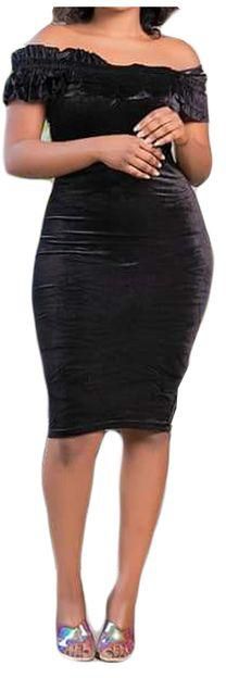 Fashion Black Velvet Off Shoulder Midi Dress