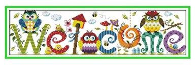 Owl Welcome Card Hand Stitch Wall Art Multicolour 22.8 x 6.7inch