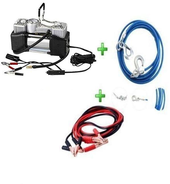 Car Air Compressor - 2 Cylinder + Battery Cable + Steel Wire Car Towing Rope