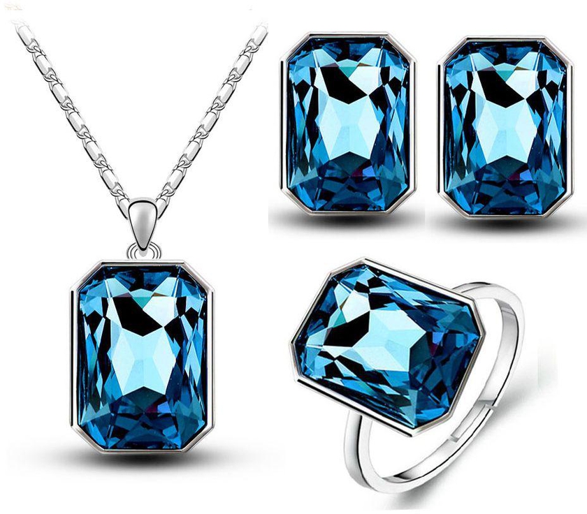 Wedding crystal square pendant necklace earrings rings size 8 fashion jewelry set