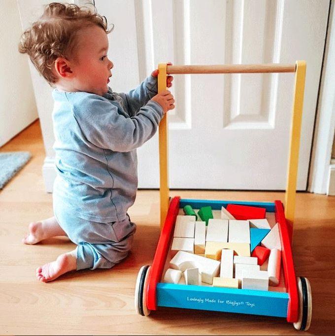 Bigjigs Toys Wooden Baby Walker With Wheels & Wooden Play Blocks