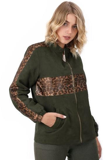 Suede Jacket With Tiger Print Leather - Olive