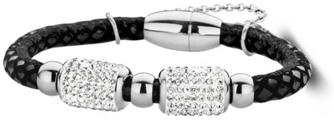 New Bling Women's White Zirconia Stones 2x Steel Bead Black Leather Bracelet