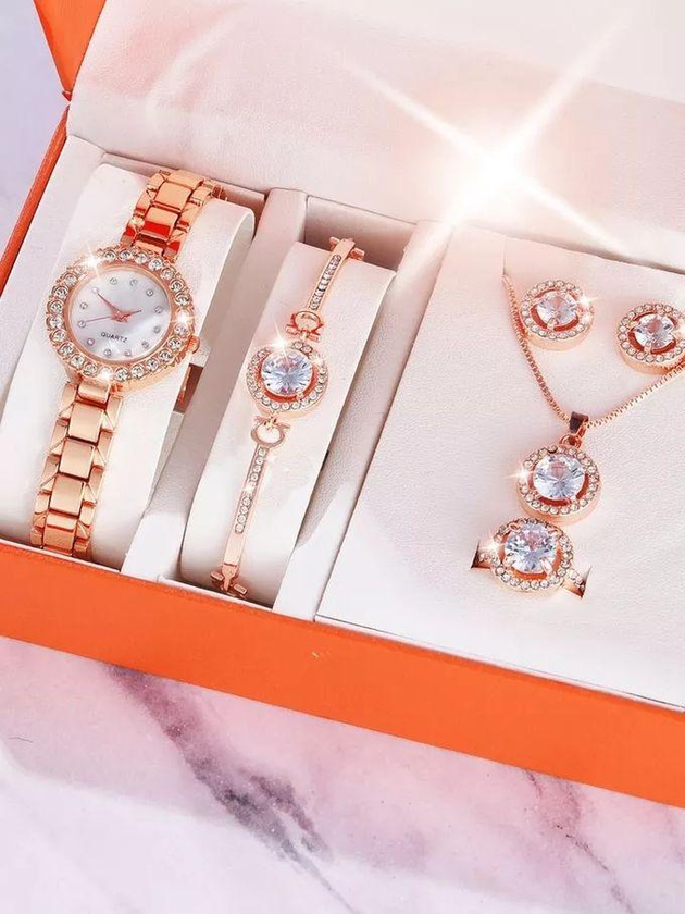 6 Pcs Ladies Diamond Inlaid Steel Quartz Female Watch Bracelet Gift Box Set