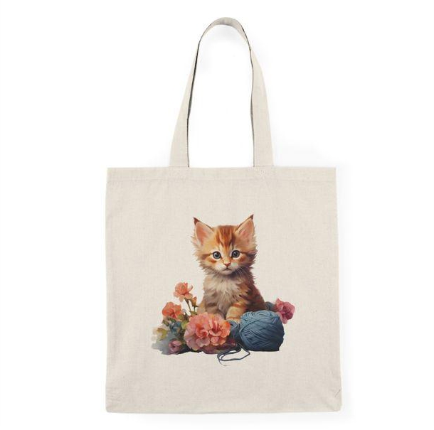توتي باج - شنطة قماش دك ثقيل Kitten and Knitting Watercolor Clipart Tote Bag