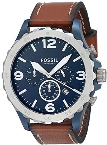 Fossil Men's Nate Quartz Leather Chronograph Watch, Color: Silver/Blue, Brown (Model: JR1504), Silver/Blue, Brown, Chronograph