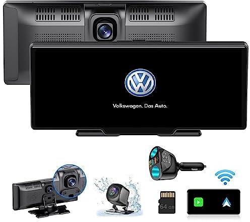 World's First *Dual BlueTooth, Car Logo Start Screen* Portable Wireless Carplay/Android Auto Display, 2.5K Dash Cam, 9.3" HD IPS Touch Screen,1080p Rear Cam, Loop Record, Mobile Mirror (volkswagen)