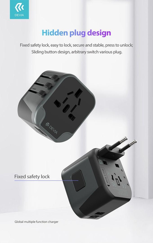 Devia Global Multiple Function Charger, World Wide Travel Plug Adapter, Output USB*2, 5V, 2.5A Black