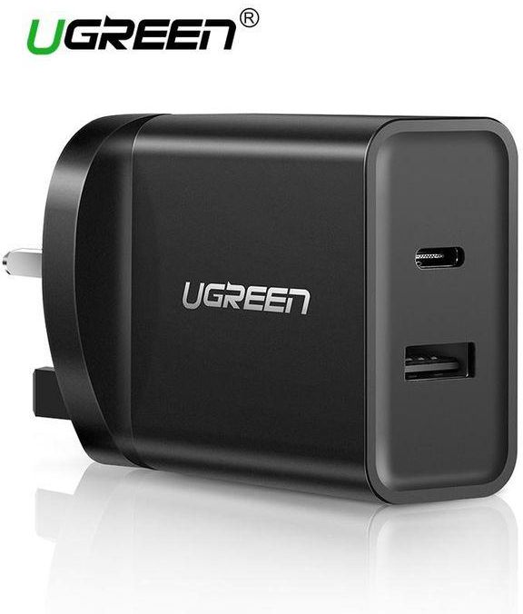 ugreen 3Pin UK Plug 30W Dual USB Fast Charger Plug With Type C Power Delivery Supports Huawei Mate 9,mate 10,P20,P20 Pro,Xiaomi Mi5/6,Max 2,iPhone X, 8, 8plus, Samsung, Google Pixel,LG,Nintendo Switch, Etc LBQ
