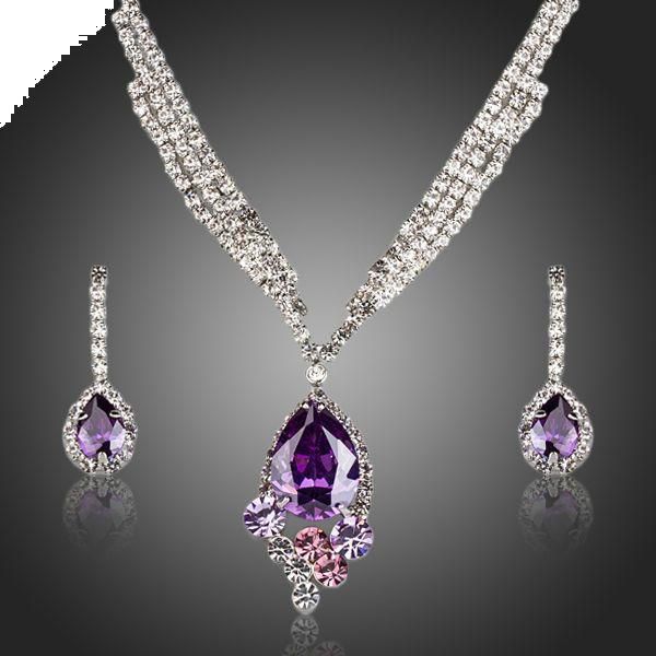 Purple Elegant Swiss Cubic Zirconia Water Drop Pendant Necklace Earrings Jewelry Set